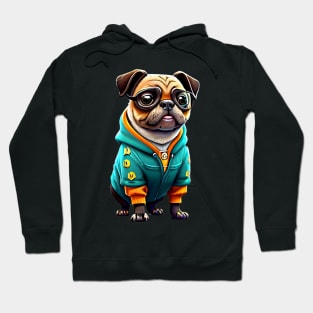 Cute Pug in Green Hoodie - Adorable Nerdy Dog T-shirt Design Hoodie